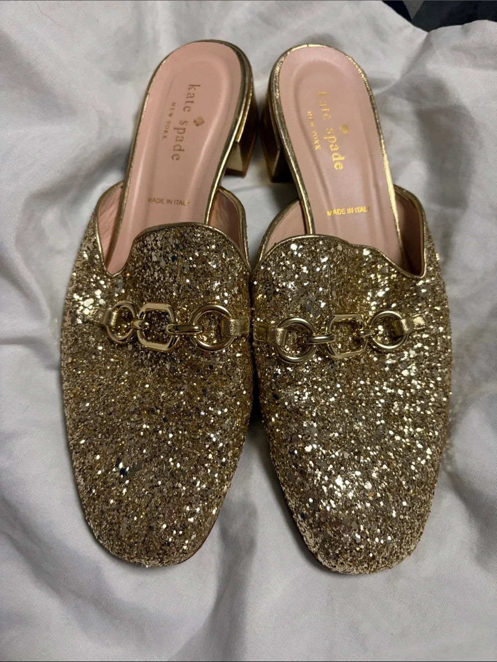 kate spade Gold Glitter Chain-Trim Mules